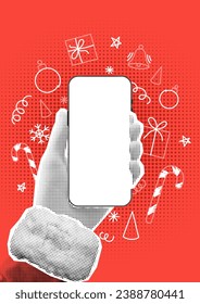Christmas collage for holiday decoration. Halftone hand of Santa Claus holds smartphone and shows blank screen. Happy New Year card with mobile device. Vector illustration with hand drawn doodles.