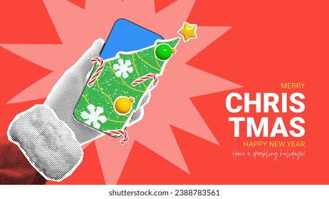 Christmas collage for holiday decoration. Halftone hand of Santa Claus holds smartphone with sticking decorative fir tree. Happy New Year card with mobile device. Vector illustration.