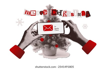 Christmas collage for holiday decoration. Halftone hands holding smartphone with Santa Claus letter in front of decorative fir tree. Vector illustration. Monochrome with red