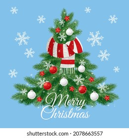 Christmas collage of a Christmas tree with red and white balls, knitted scarf, red stars and snowflakes, hand-drawn.