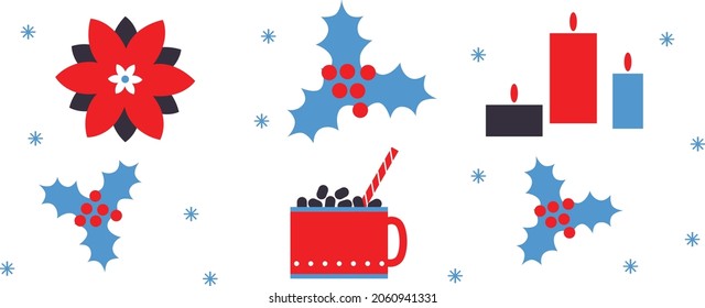 Christmas collection in abstract style with traditional Christmas and New Year elements. Christmas toys, candles simple illustration. Traditional new year celebration accessories.