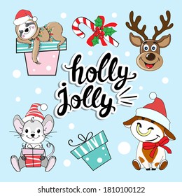 Christmas collection with animals. Bull symbol of the year 2021, mouse, deer and sloth