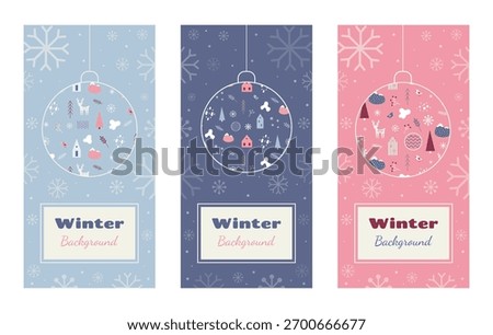 Christmas collection of backgrounds with Christmas tree ball with scandinavian pattern. Templates for posters, invintations, postcards, advertisement .Christmas lay out. Vector illustration