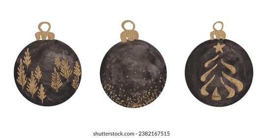 Christmas collection of balls for a Christmas tree. Watercolor illustration.