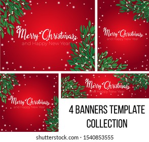 Christmas collection banner concept with vector hand draw holly mistletoe and stars. Merry X-mas and Happy new year text. Winter background with greenery ilex elements on red background. 