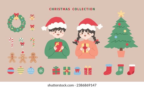 christmas collection with boy,girl,tree, gift,gingerbread man,candy,decoration