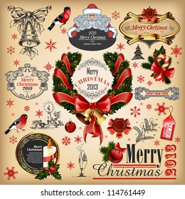 Christmas collection of calligraphic and typographic elements with frames, vintage labels, ribbons, stickers, Santa Claus, birds and balls. Set  for design.