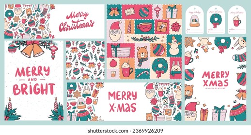 Christmas collection of cards, banners, patterns and labels deocrated iwth lettering quotes and doodles. Packaging, wallpaper, wrapping paper, holiday decor. EPS 10