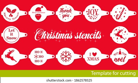 Christmas collection of coffee stencils. Silhouettes of Christmas tree, snowflakes, reindeer, holly, candy cane. Template for cutting. Vector Eps10 