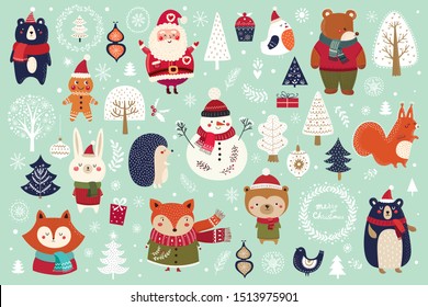 Christmas collection with cute animals: bear, fox, squirrel, bird, Santa Claus, Snowman and christmas decorative elements