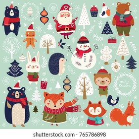 Christmas collection with cute animals: bear, fox, squirrel, bird, Santa Claus, Snowman and christmas decorative elements