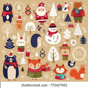 Christmas collection with cute animals: bear, fox, squirrel, bird, Santa Claus, Snowman and christmas decorative elements