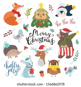 Christmas collection with cute animals: fox, cat, penguin, birds, hedgehog, rabbit, fungus, deer, owl, bear, branches, acorn, holly. Lettering: merry christmas, holly jolly, ho-ho-ho.