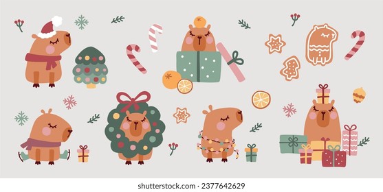 Christmas collection with cute capybaras and Christmas decorative elements 