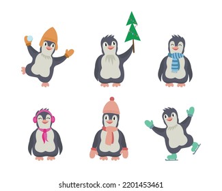 Christmas collection of cute cartoon penguins with warm clothes. Winter vector baby illustration for children print.