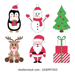 Christmas collection of cute characters and elements. Santa Claus, reindeer, penguin, snowman, tree, gift boxes. Vector illustration