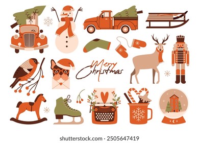 Christmas collection of cute cliparts. New Year tree, red vintage car. Christmas Glass Snow Globe. Bullfinch sitting on branch. Illustrations of nutcracker, deer, skates, cup, snowman, typewriter.