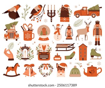 Christmas collection of cute cliparts. New Year tree, red vintage car. Cosy cup with candy canes. Bullfinch sitting on branch. Illustrations of nutcracker, deer, skates, house, wreath, typewriter.	