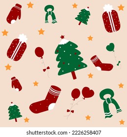 
Christmas collection cute decoration Red and green, pine trees, gloves, socks, gift boxes, balloons and scarves. New year celebration card or poster design.