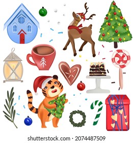 Christmas collection with cute tigers, deer, Chocolate cake, Gifts, Christmas tree, cookies, sweet, house, cocoa, tree branches. wreath. Concept Christmas and New Year. Vector illustration.