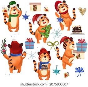 Christmas collection with cute tigers, Christmas star, Chocolate cake, Gifts, Christmas tree, cookies. Various tigers the symbol of the year 2022. Concept Christmas and New Year. Vector illustration.