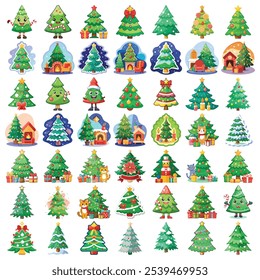 Christmas Collection Of Decorated Trees. Merry Christmas. Print On Custom T-shirts, Bags, Stationery, Poster And Stickers.