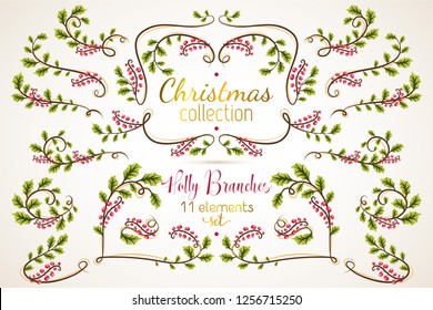 Christmas collection of decorative elements with holly branches