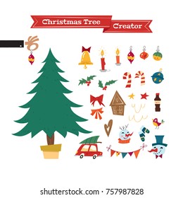 Christmas collection of decorative objects in mid-century style: tree, garland, lanterns, balls, ginger biscuits, snowman, bow, candy. Xmas Tree Creator. Vector seasonal design easy editable.