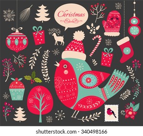 Christmas collection of decorative traditional elements. Symbols of Christmas. 