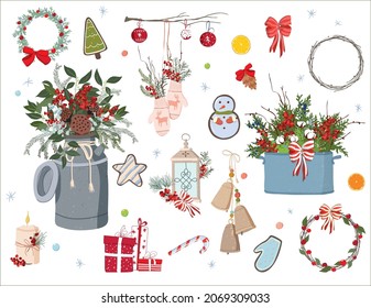 Christmas collection of decorative winter elements. Bouquets of laurel, spruce branches, red berries, wreaths, gingerbread. Perfect for scrapbooking, greeting card, invitation, poster, tag, stickers.