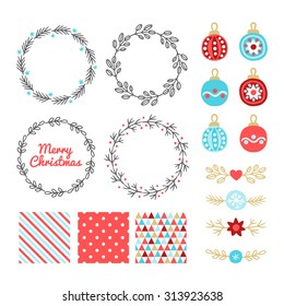 Christmas collection with design elements - balls, wreaths, seamless patterns and headers. Perfect for Christmas greeting cards, winter invitations, wallpaper, gift paper, pattern fills.