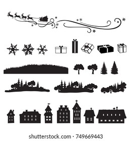 Christmas collection of design elements, black and white isolated silhouettes