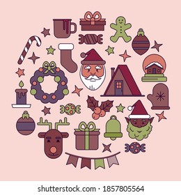 Christmas collection, design elements for new year with Santa, balls, elf, candy, cocoa, deer. Perfect for winter decoration, scrapbooking, greeting card, party invitation, poster, tag, sticker set