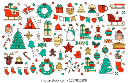 colección navideña, elementos de diseño para el año nuevo con Santa, bolas, elfo, muñeco de nieve, ciervo, cacao. Perfecto para decoración de invierno, scrapbooking, tarjeta de saludo, invitación a fiesta, póster, etiqueta, juego de emoticones