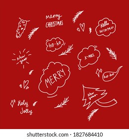 Christmas collection of design elements on a red background. Vector children's Doodles: Santa's beards, Christmas trees, lettering New year, merry Christmas, Hello winter for Christmas cards. Winter