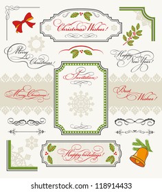 Christmas collection of Design Elements: set of calligraphic texts (Merry Christmas,  Happy New Year, Happy Holidays, Best Wishes, Invitation), borders, frames, ornaments, decorations.