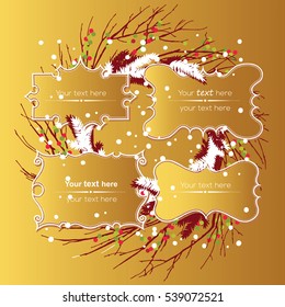 Christmas collection of Design Elements: set of labels with Christmas wreath. Hand drawing background, X-mas, New Year decoration. Golden background for card or flayer