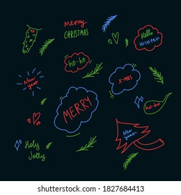 Christmas collection of design elements. Vector children's Doodles: Santa's beards, lettering New year, merry Christmas, Hello winter for Christmas cards. Winter characters are beautifully hand-drawn
