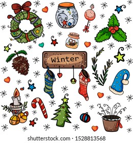 Christmas collection of design elements. Wreath, jar, mistletoe, sock, candle, bells and etc. Symbol of the New Year and Christmas. Home decor. - Vector illustration