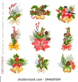 Christmas Collection of design floral decorations with pine cones, winter red berries, holly, thuja, flower Poinsettia, bullfinch and colorful bows.