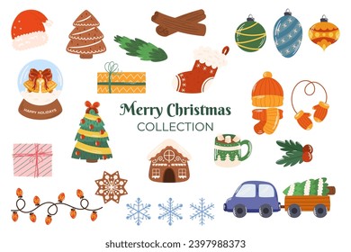 Christmas collection of different elements such a Santa hat, gingerbread cookies, snowglobe, car with tree, giftbox, warm hat, cocoa with marshmallow, snowflake