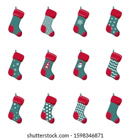 Christmas collection with different socks and stockings in flat cartoon style. Set of New Year warm stockings for Christmas design. Vector illustration.