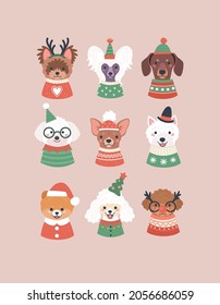 Christmas collection of dogs. Vector illustration with cartoon portraits of cute dogs in cozy Christmas sweaters, costumes and funny hats. Isolated on background