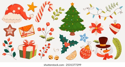 Christmas collection of elements in hand drawn modern style. Xmas decorations: Santa hat, Christmas tree, snowman, gift, branches, cookies. 