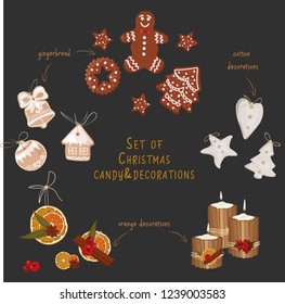 Christmas collection of fabric and citrus decorations with cinnamon and berries and gingerbread man, stars, house, bell, ball and house