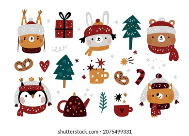 Christmas collection with forest animals characters. Squirrel, rabbit, bear, owl, fox and holiday decor elements. Winter holiday set with cartoon baby animals for kid. Festive xmas illustration