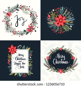 Christmas collection of four greeting cards with seasonal elements and hand lettering