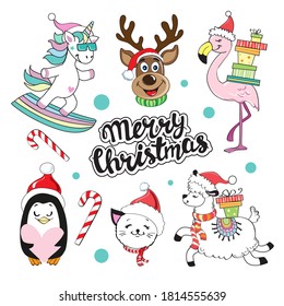 Colección navideña con animales divertidos sobre un fondo blanco aislado. Flamingo, pingüino, ciervo de Navidad, llama y unicornio