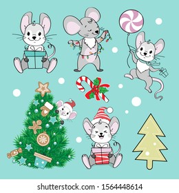 Christmas collection with funny rat mouse the symbol of the new year 2020 on a blue background