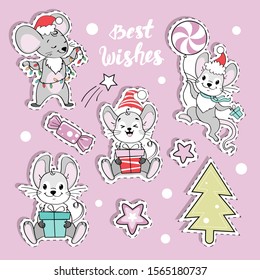 Christmas collection with funny rat mouse the symbol of the new year 2020 on a pink background. Fashion christmas patch badges